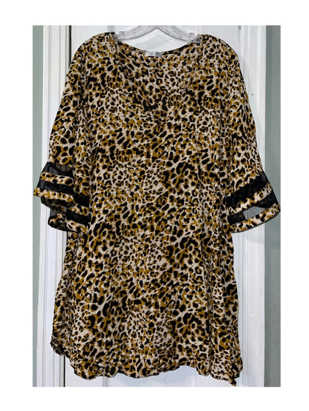 Leopard Print V- Neck Tunic with Bell Sleeves & Sheer Panels